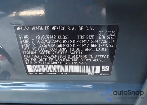 2024 Honda Hr-V 2Wd Ex-L/2Wd Ex-L W/O Bsi z USA, uszkodzony, nr VIN 3CZRZ1H73RM740876